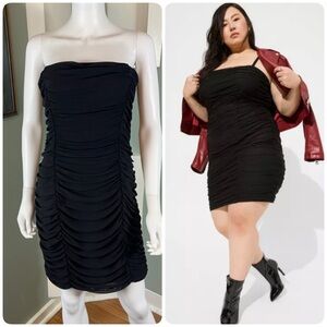 NWT New Torrid Sz 2 Black Shirred Ruched Mesh Mini Bodycon Strapless Dress 18/20